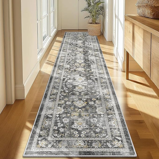 LOKHOM Washable Runner Rug, 2x10 Non-Slip Vintage Farmhouse Hallway Runner Rug with Rubber Backing, Boho Soft Faux Wool Kitchen Rug Carpet Runner for Kitchen Laundry Entryway Bedroom (Charcoal Grey)