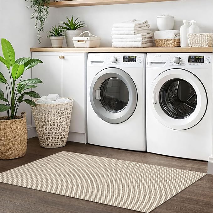IOHOUZE Washable Runner Rug 2x5 Non Slip Runners for Hallways Entryway Runner Indoor, Kitchen Throw Rug Woven Cotton Floor Carpet for Hall Entrance Bedroom, Beige/Khaki