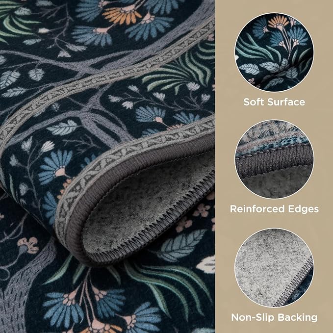 Joydeco Washable 6x9 Area Rugs for Living Room, Large Floral Black Rug for Bedroom Non Slip,Soft Vintage Distressed Stain Resistant Indoor Floor Throw Carpet for Dining Home Office