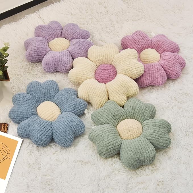 2 Pcs Pink Decorative Throw Pillows, 15'' Cute Daisy Flower Shaped Pillow Floor Seating Cushion for Bed Couch Bedroom Room Dorm Decor (Pink & Ivory)