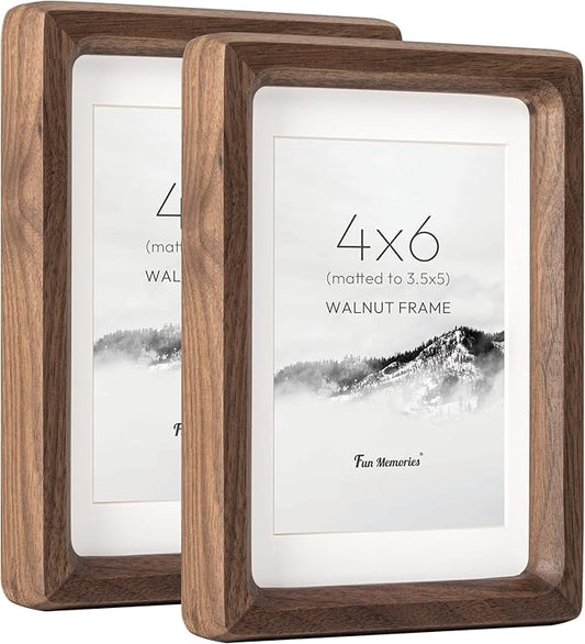 4x6 Picture Frame Set of 2, USA-Sourced Walnut Wood Photo Frames with HD Tempered Glass, Handcrafted Rounded Corner 4 x 6 Wooden Frame Matted to 3.5x5 Photos, 4x6 Frames, Tabletop or Wall Display