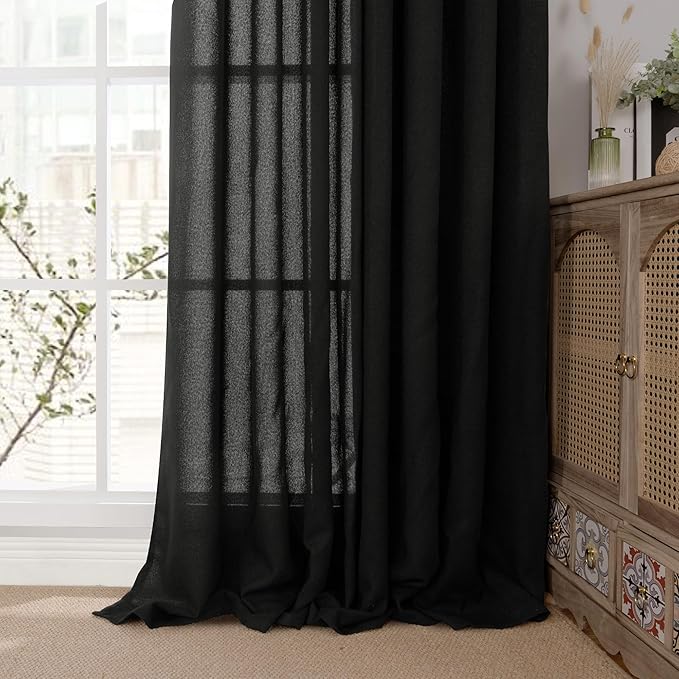 YoungsTex Black Linen Curtains 90 Inch Length for Living Room, Light Filtering Semi Sheer Window Drapes with Bronze Grommet Privacy Decorative for Bedroom, 52 x 90 Inch, 2 Panels