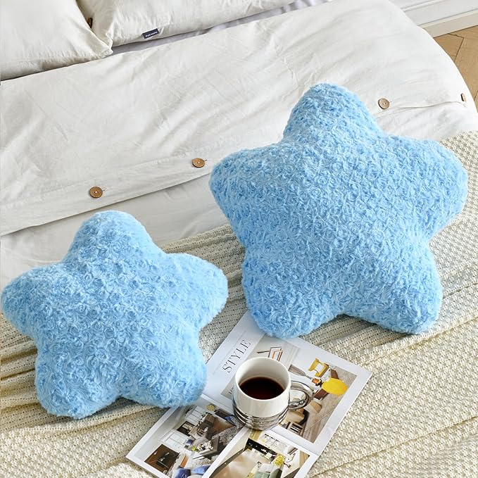 Star Pillow, 14.9" Star Shaped Plush Pillow for Couch Bed Sofa, Cute Decorative Throw Pillows with Soft Faux Fur Room Decor for Bedroom Living Room (Blue)