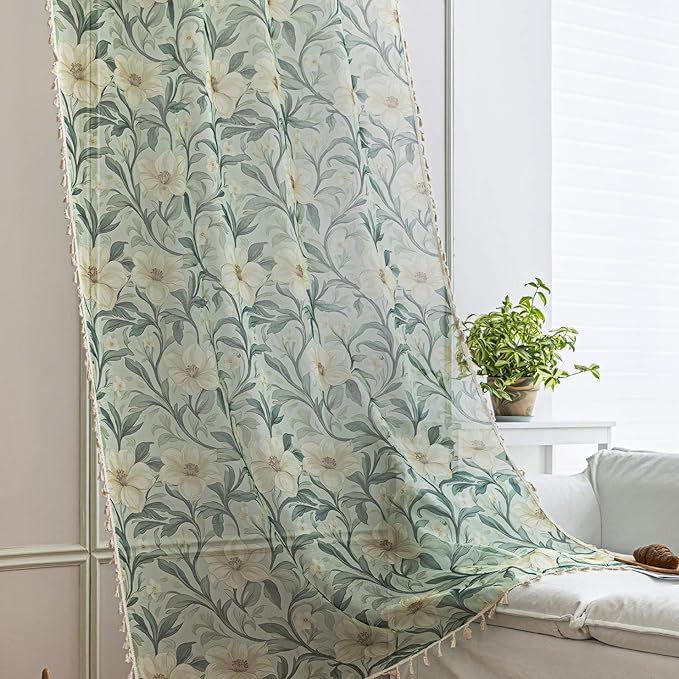 Green Floral Sheer Curtains 54 inch Long, Fringed Edges and Textured Semi Sheer Curtains Large Window Treatments for Living Room/Bedroom, 2 Panels