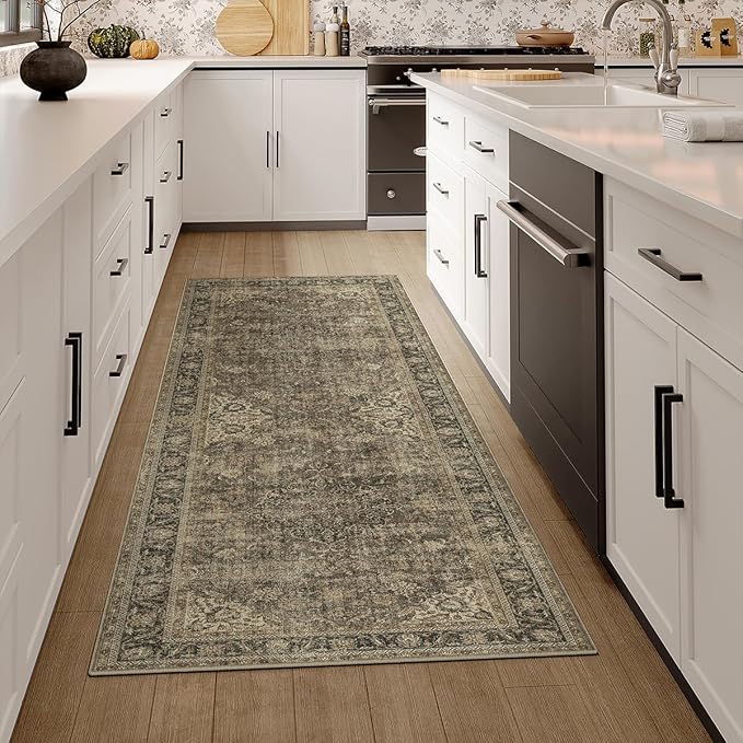 2x5 Washable Runner Rug Brown Vintage Non Slip Soft Low Pile Hallway Kitchen Rug Distressed Oriental Carpet for Laundry Bathroom Bedroom Living Room Home Decor