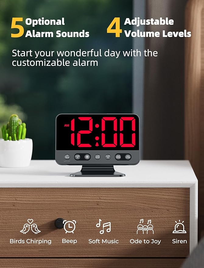 Odokee Digital Alarm Clocks for Bedrooms with Large Bold Number | Electric Desk Clock with Night Light & Brightness Dimmer - Loud Alarm for Heavy Sleepers with Adjustable Volume - Red - Image 3