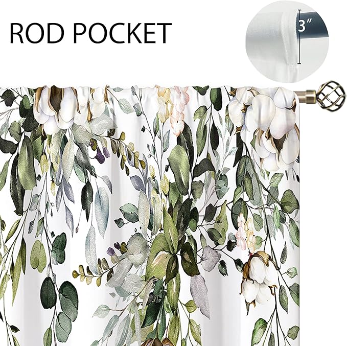 Eucalyptus Botanical Leaves Sage Green Cotton Floral Kitchen Window Curtains over Sink Farmhouse Flower Leaf Small Treatment Cafe Short Curtains for Bathroom Treatment Tier Drapes 27.5x39 inch