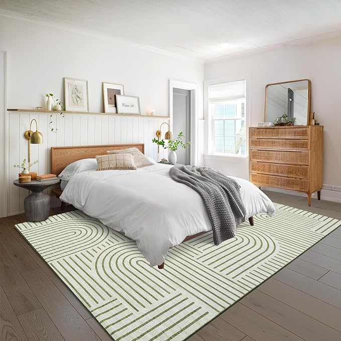 ROYHOME Washable Rug 4x6 Area Rugs for Living Room, Abstract Rug for Bedroom, Soft Rainbow Non Slip Throw Rugs with Rubber Back, Low Pile Stain Resistant Boho Geometric Carpet for Dining Room, Green