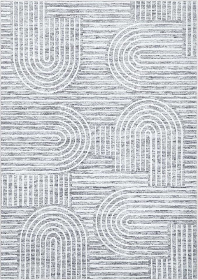 ROYHOME Washable Rug 6x9 Area Rugs for Living Room, Abstract Rug for Bedroom, Soft Rainbow Non Slip Throw Rugs with Rubber Back, Low Pile Stain Resistant Boho Geometric Carpet for Dining Room, Ash
