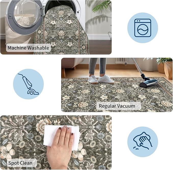 GarveeHome Washable Area Rug 5x7, Retro Floral Low Pile Non Slip Living Room Rug Soft Cottage Core Rug Farmhouse Indoor Carpet for Bedroom Dining Room Playroom