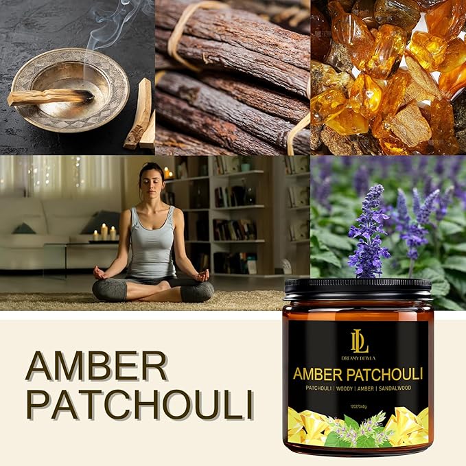 Amber Patchouli Scented Candle, 12oz 60 Hour Long Lasting Candles, Large 3 Wick Natural Soy Candles for Home Scented, Candle Gifts for Women Men