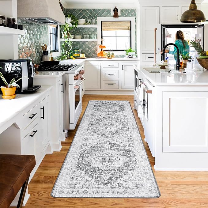 GENIMO Runner Rug for Hallways Machine Washable, 2x10 Non Slip Boho Vintage Lightweight Washable Runners, Thin Floor Rugs for Entryway Hallway Bathroom Laundry Room Corridor, Gray White