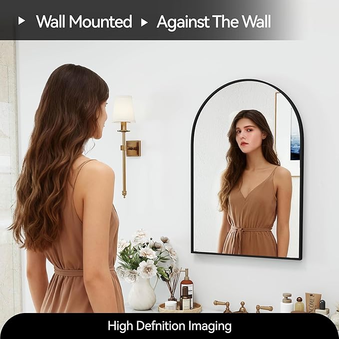 SCWF-GZ 30x20 Arch Mirror Rectangle Wall Mounted Hanging or Against Wall Aluminum Alloy Metal Frame Dressing Make-up Mirrors for Entryway Bedroom Bathroom Living Room 30 20 inch Black