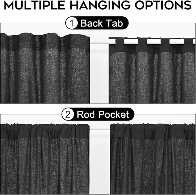 ASPMIZ Cotton Linen Farmhouse Curtains for Living Room, Boho Rustic Window Curtain Panels, Black with Grey Stripe Country Curtains for Bedroom, Back Tab Modern Drapes for Windows 52 x 84 Inch 2 Panels