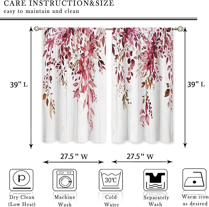 Wooden Burgundy Eucalyptus Small Kitchen Curtains Red Leaves Window Treatment Flower Floral Plant Botanical Cafe Short Curtains for Bathroom Dining Fall Tier Treatment Drapes 27.5x39 inch