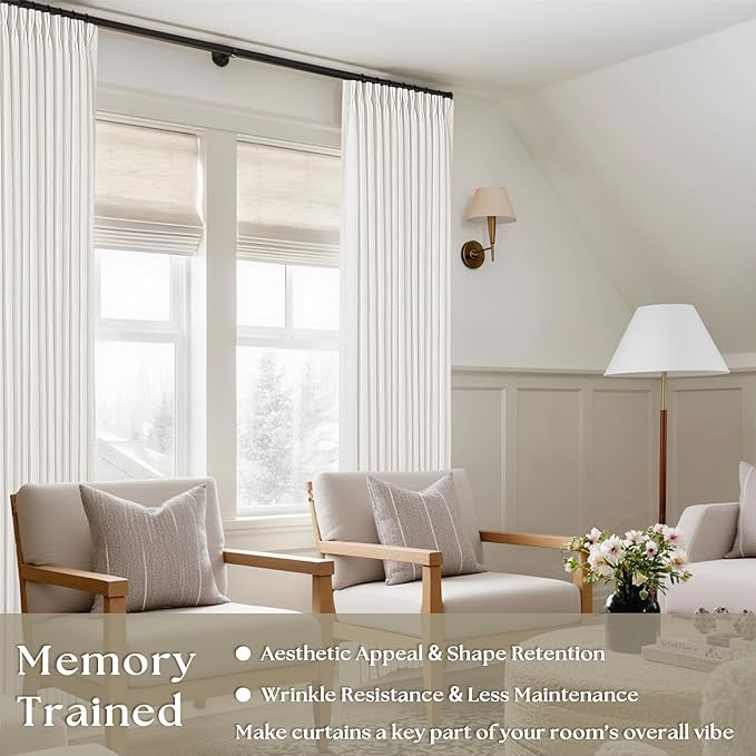 TWODRAPES Beige White Pinch Pleated Linen Curtains 2 Panels 105 Inches Long for Living Room Bedroom Memory Shaped Semi Sheer Pleat Drapes with Hooks Rings Light Filtering Window Curtain 40x105