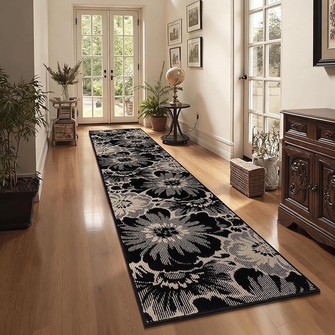 Findosom Hallway Runner Rug 2x10, Non Slip High-Low Textured Floral Washable Runner Rug with Rubber Backing, Boho Carpet Runner for Kitchen, Entryway, Bedroom, Laundry, Black & Beige