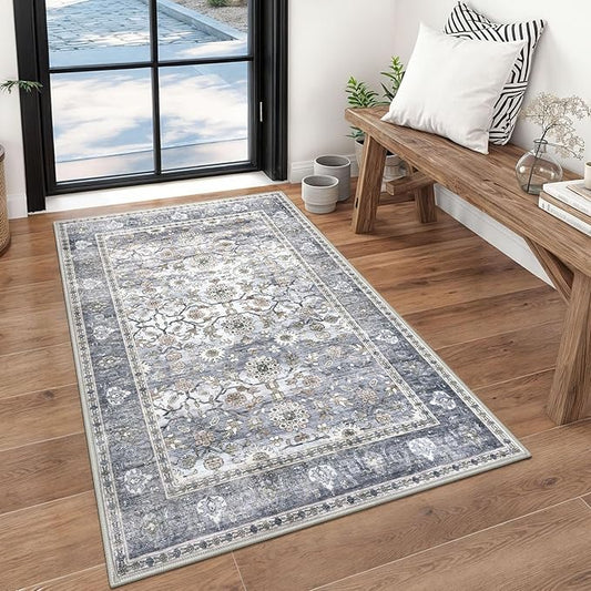 KUTA Vintage Floral 3x5 Rug, Washable Non-Slip Entryway Rug & Kitchen Carpet, Ultra Thin Soft Low-Pile Oriental Throw in Grey Blue, Distressed Print for Living Room Dorm, Entry Décor