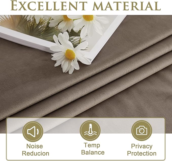 StangH Taupe Velvet Curtain 96 inches - Super Soft Luxury Panels Energy Efficient Thick Grommet Curtain Drapes Elegant Home Decor for Living Room, 52 x 96 inches, Sold as 2 Panels