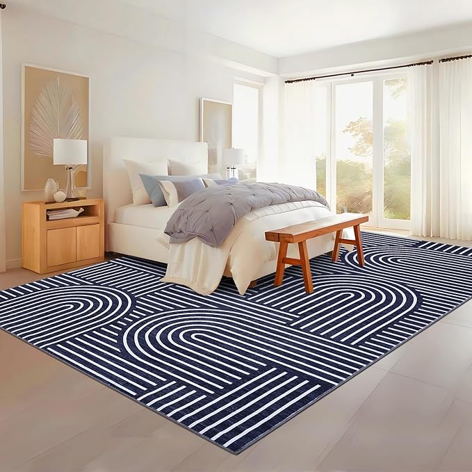 ROYHOME Washable Rug 9x12 Area Rugs for Living Room, Abstract Rug for Bedroom, Soft Rainbow Non Slip Throw Rugs with Rubber Back, Low Pile Stain Resistant Boho Geometric Carpet for Dining Room, Blue