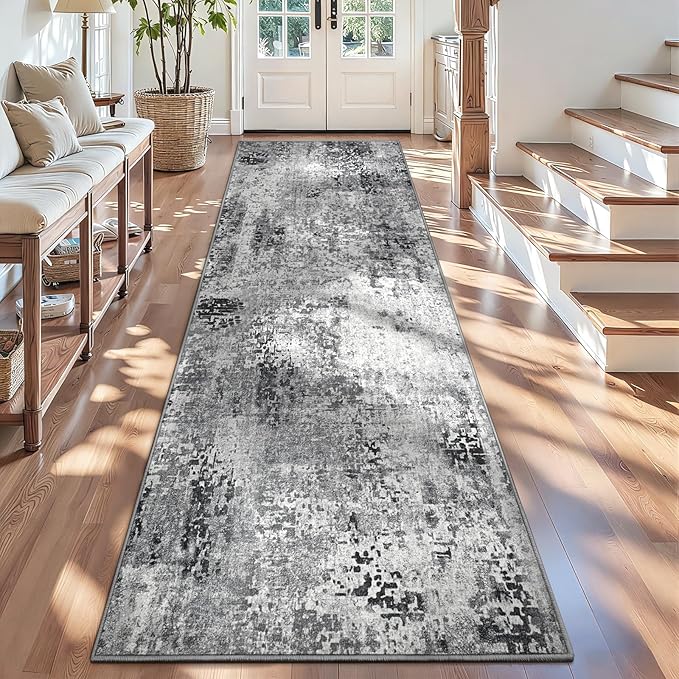 3x10 Grey Rug Runners for Hallways Kitchen Runner Rug Non Slip Washable Black Long Runner Rugs with Rubber Backing Soft Abstract Carpet Runner for Bedroom, Kitchen, Bathroom, Entryway