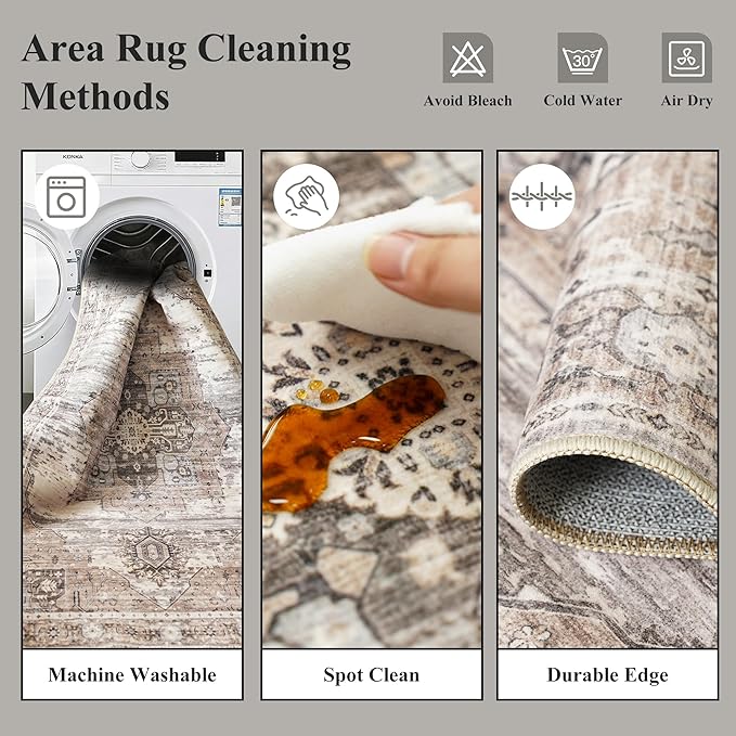 Washable 9x13 Large Living Room Rugs, Vintage Oriental Low Pile Soft Rugs Indoor Non Slip & Non-Shedding Carpets for Bedroom/Dining Room/Office Farmhouse Distressed Home Decor Floor Mat (9x13 Beige)