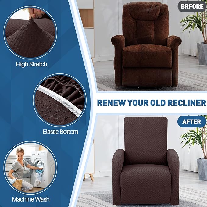 YEMYHOM 3 Pieces Stretch Recliner Slipcover Latest Jacquard Small Recliner Chair Cover with Side Pocket Anti-Slip Fitted Furniture Protector with Elastic Bottom (X-Small Recliner, Dark Coffee)