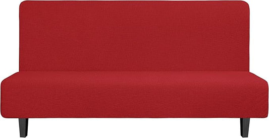 Easy-Going Stretch Futon Slipcover Armless Futon Bed Cover Furniture Protector Without Armrests with Elastic Bottom for Kids, Soft Jacquard Fabric Small Checks (Large, Christmas Red)