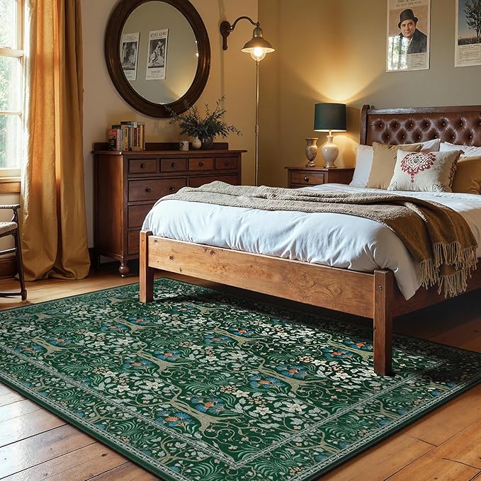 Joydeco Washable Rugs 5x7, Boho Dark Green Floral Bedroom Rug Non Slip, Soft Low-Pile Botanical Forest Indoor Floor Throw Carpet for Dining Table Living Room Playroom Dorm Home Office