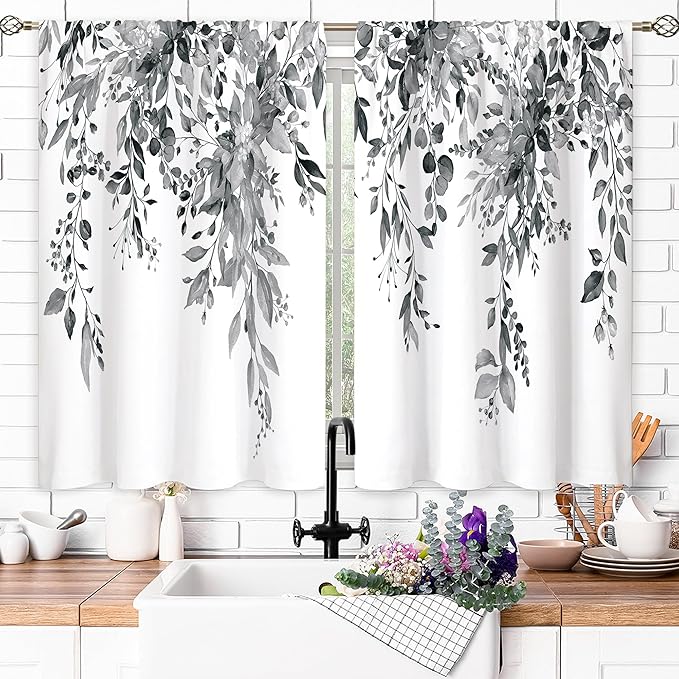 Eucalyptus Botanical Leaves Grey Floral Kitchen Window Curtains Over Sink Farmhouse Flower Leaf Small Window Treatment Cafe Short Curtains for Bathroom Treatment Tier Drapes 27.5x39 inch