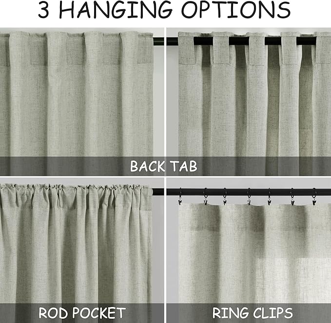 Sage Green Linen Sheer Curtains 54 Inch Length 2 Panel Set Back Tab Rod Pocket Semi Sheer Light Filtering Short Curtain Soft Elegant Aesthetic Small Window Drapes for Bathroom 52x54 Inches Long