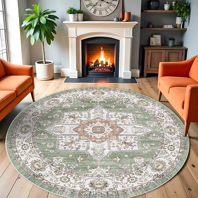 RUUGME Washable 6round Area Rugs - Large Boho Rugs for Living Room Stain Resistant Carpet Vintage Tribal Rugs for Bedroom Kitchen with Non Slip Backing Home Decor Floor Decoration Mat 6ft Sage