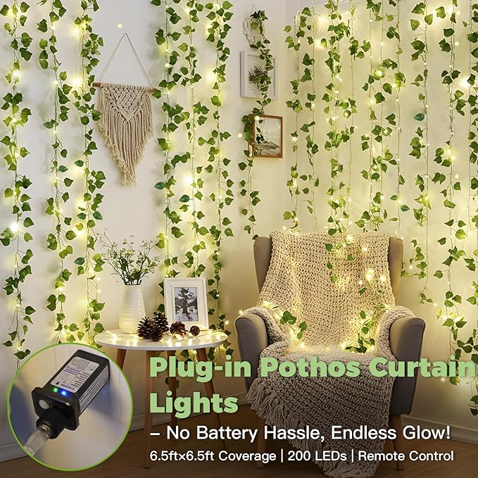 suddus 200 LED Vine with Light Plug in, 6.5ft x 6.5ft Pothos Fairy Curtain Lights with Remote, Leaf Fairy Lights for Wall,Bedroom, Dorm, Wedding, Party, Indoor Decor(Warm White)