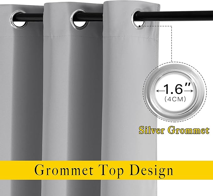 NICETOWN Blackout 72 inch Curtains for Kids Room, Grommet Room Darkening Thermal Insulated Solid Window Treatments Sound Reducing for Bedroom, 2 Panels, W37 x L72, Silver Grey