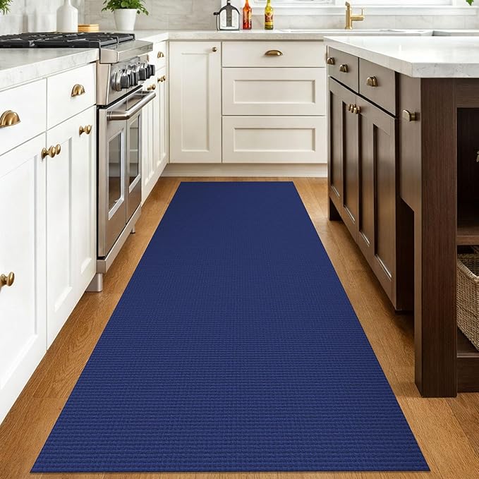 IOHOUZE Washable Runner Rug 3x8 Non Slip Rubber Backed Wide Hallway Runner Entryway Runner Indoor, Kitchen Rugs Woven Floor Carpet for Hall Entrance Bedroom, Royal Blue/Navy