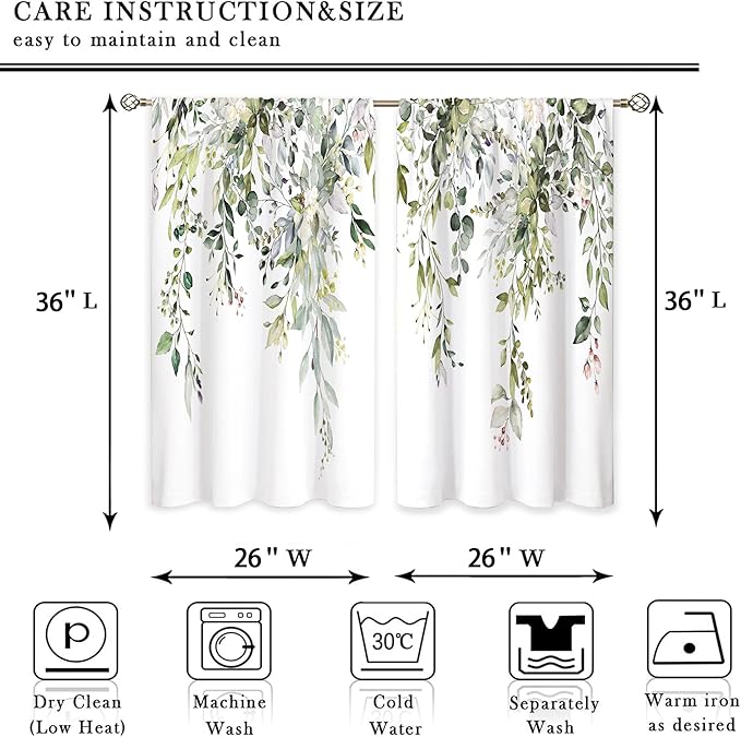 Eucalyptus Botanical Leaves Floral Kitchen Window Curtains Over Sink Farmhouse Flower Leaf Small Window Treatment Sage Green Cafe Short Curtains for Bathroom Treatment Tier Drapes 26x36 inch
