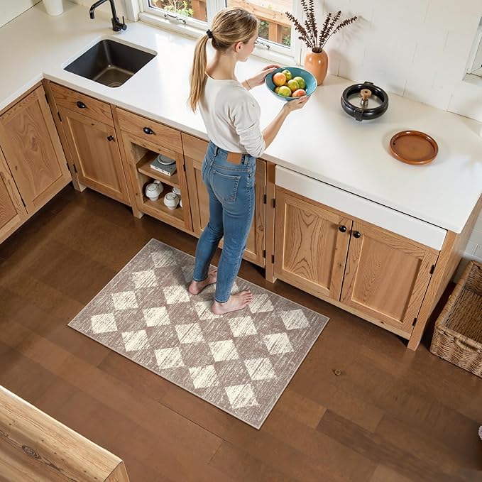 Lahome Zelie Moroccan Treills Area Rug - 2x3 Small Beige Bathroom Rug Door Rugs for Entryway Indoor, Checkered Washable Non Slip Throw Carpet for Bathroom Powder Room Kitchen Bedroom Front Door