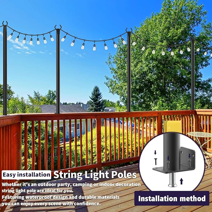 8 Pack String Light Poles for Deck,5 Ft String Light Poles for Outside with Fixing Clips,Metal Poles for Outdoor String Lights, Hanging Light Poles for Fence Garden Backyard Wall Bistro (8 PACK)