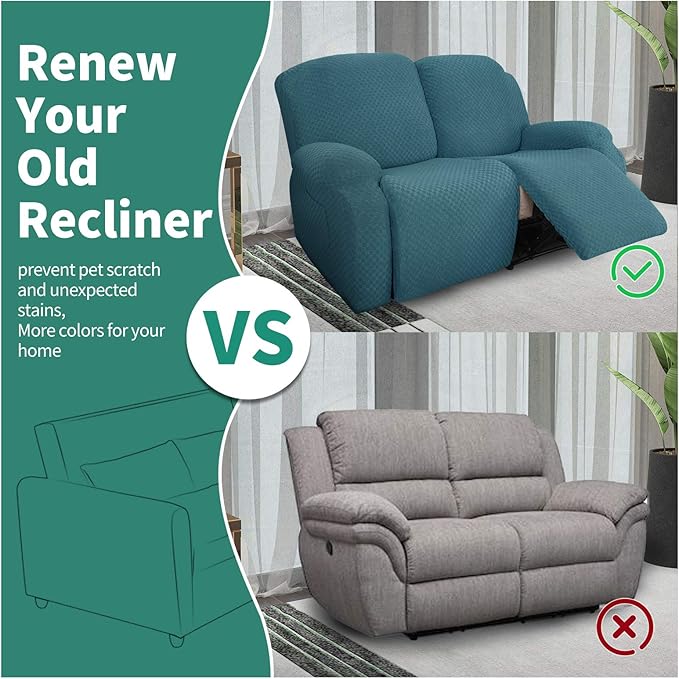 YEMYHOM 6 Pieces Stretch Loveseat Recliner Slipcover Jacquard Recliner Sofa Cover with Side Pocket Fitted Recliner Cover Couch Furniture Protector with Elastic Bottom (Medium, Peacock Blue)