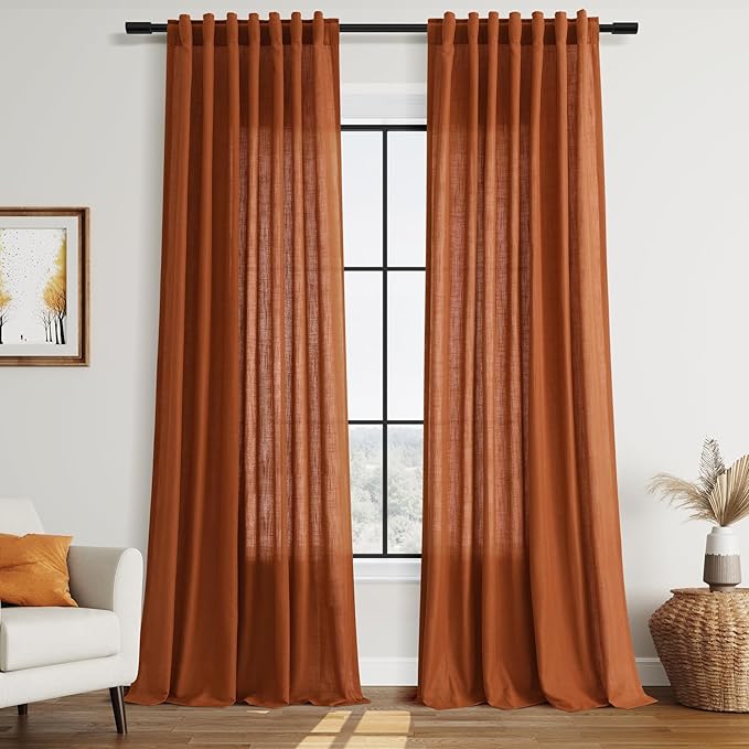 Rust Linen Curtains for Living Room 120 Inches Long Light Filtering Semi Sheer Curtain Back Tab Vintage Rustic Decor Extra Long Floor to Ceiling High Window for Bedroom Office 52x120, 2 Panels
