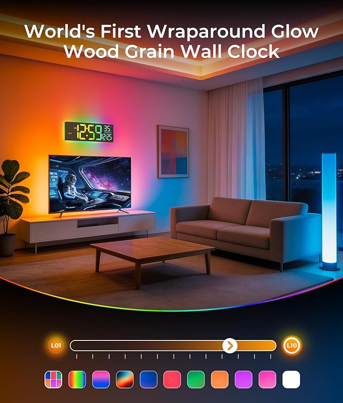 16.5" Large Digital Wall Clock with BT Sync, Wood Grain Clock with 11 RGB Light Scenes, Remote Control, Dual Alarms with Big LED Display, Auto DST, Temperature for Classroom Gaming