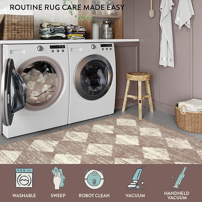 Lahome Zelie Machine Washable Bathroom Rugs Runner, 2x5 Non Slip Entryway Rugs Indoor Kitchen Runner Rug, Moroccan Trellis Non Skid Carpet Runners for Bedside Entrance Laundry Room, Beige