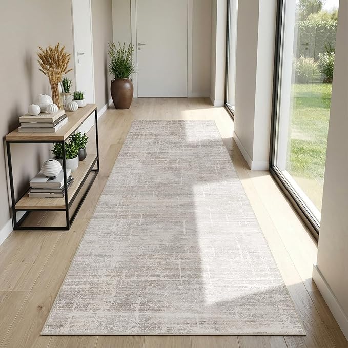 3x7 Washable Kitchen Runner Rug - Modern Abstract Neutral Carpet with Non-Slip Backing Low-Pile Stain-Resistant Thin Runners for Hallway Bathroom Bedroom Entryway (3x7, Beige)