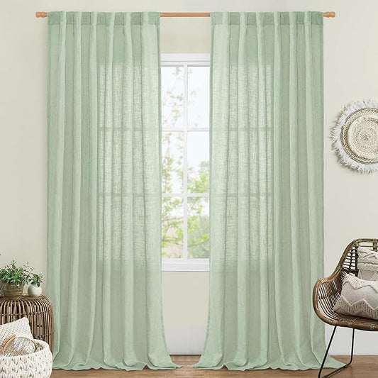 LAMIT Linen Curtains 90 Inch for Living Room, Back Tab and Rod Pocket Linen Textured Farmhouse Curtains Light Filtering Drapes for Bedroom/Dining Room, Fresh Green, Set of 2, 52 x 90 Inch