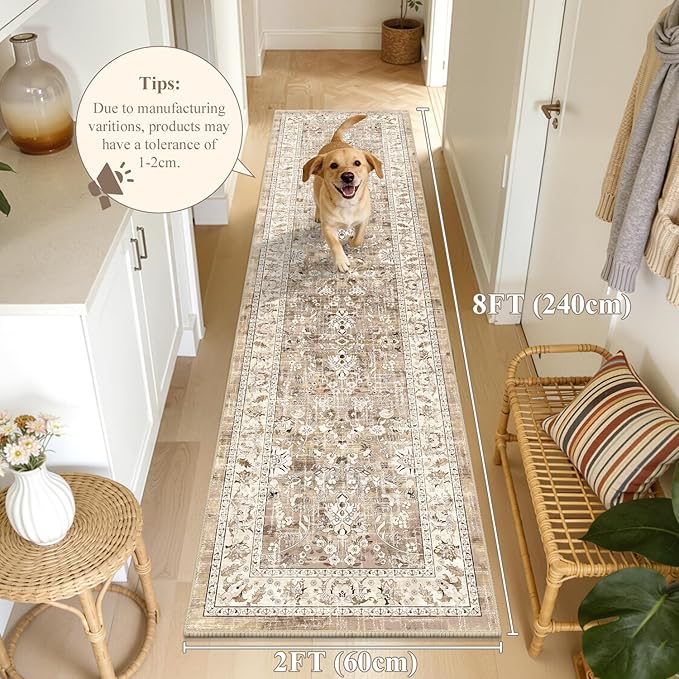 LOKHOM Washable Runner Rug, 2x8 Non-Slip Vintage Hallway Runner Rug with Rubber Backing, Boho Floral Soft Faux Wool Kitchen Rug Carpet Runner for Laundry Entryway Bedroom (Beige Brown)
