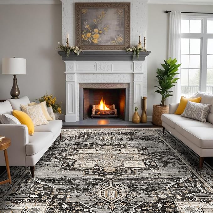 RUUGME Washable 9x12 Area Rugs - Large Rugs for Living Room Stain Resistant Carpet Vintage Rugs for Bedroom with Non Slip Backing Home Decor Floor Decoration Mat (9x12 Black)