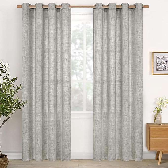 YoungsTex Linen Curtains for Living Room 52 X 80 Inch Length, Light Filtering Drapes with Bronze Grommet Semi Sheer Privacy for Bedroom Office Dining Window, Dark Grey, 2 Panels