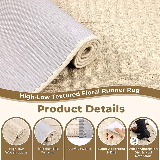 Findosom Washable Runner Rug 2x8, Geometric High-Low Textured Non Slip Hallway Runner Rug with Rubber Backing, Boho Carpet Runner for Kitchen, Bedroom, Laundry, Entryway, Bathroom, Beige