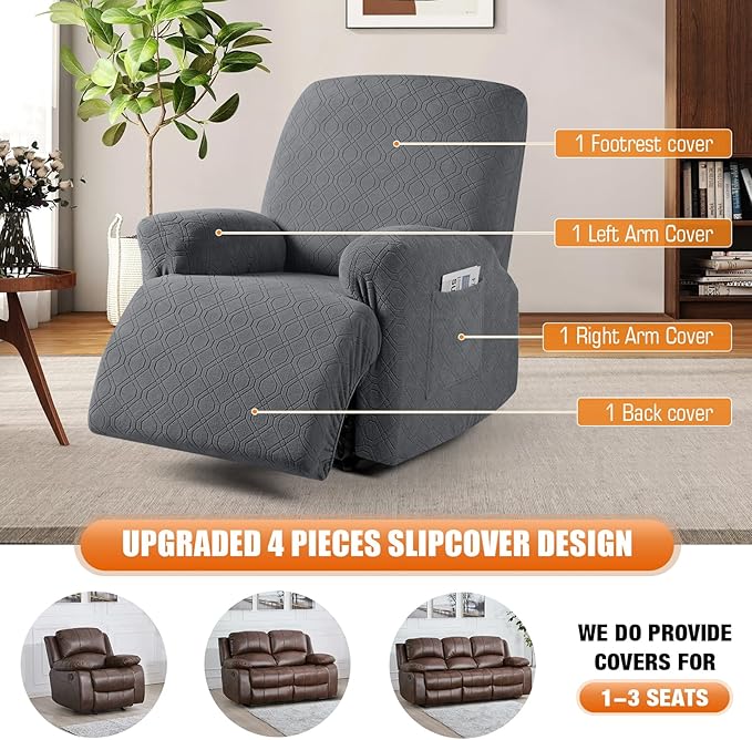 VANSOFY Oversized Recliner Chair Cover, 4-Pieces Stretch Recliner Covers for Recliner Chair Soft Reclining Chair Slipcover Jacquard Pattern Furniture Protector for Dogs Cats(Dark Gray)
