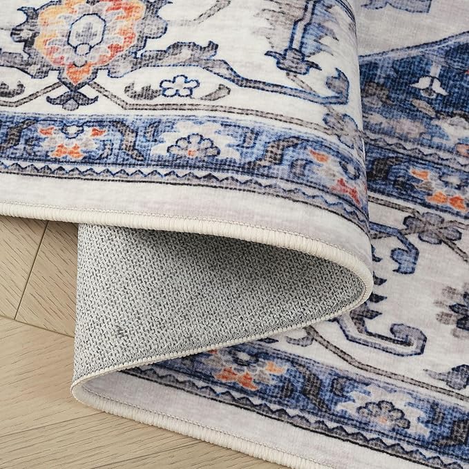 Rugcomf Vintage Medallion Kitchen Rugs Non Slip Washable 2'7"x8' - Low Pile Runner Rug, Boho Carpet for Hallways, Laundry, Bedroom, Bathroom - Blue